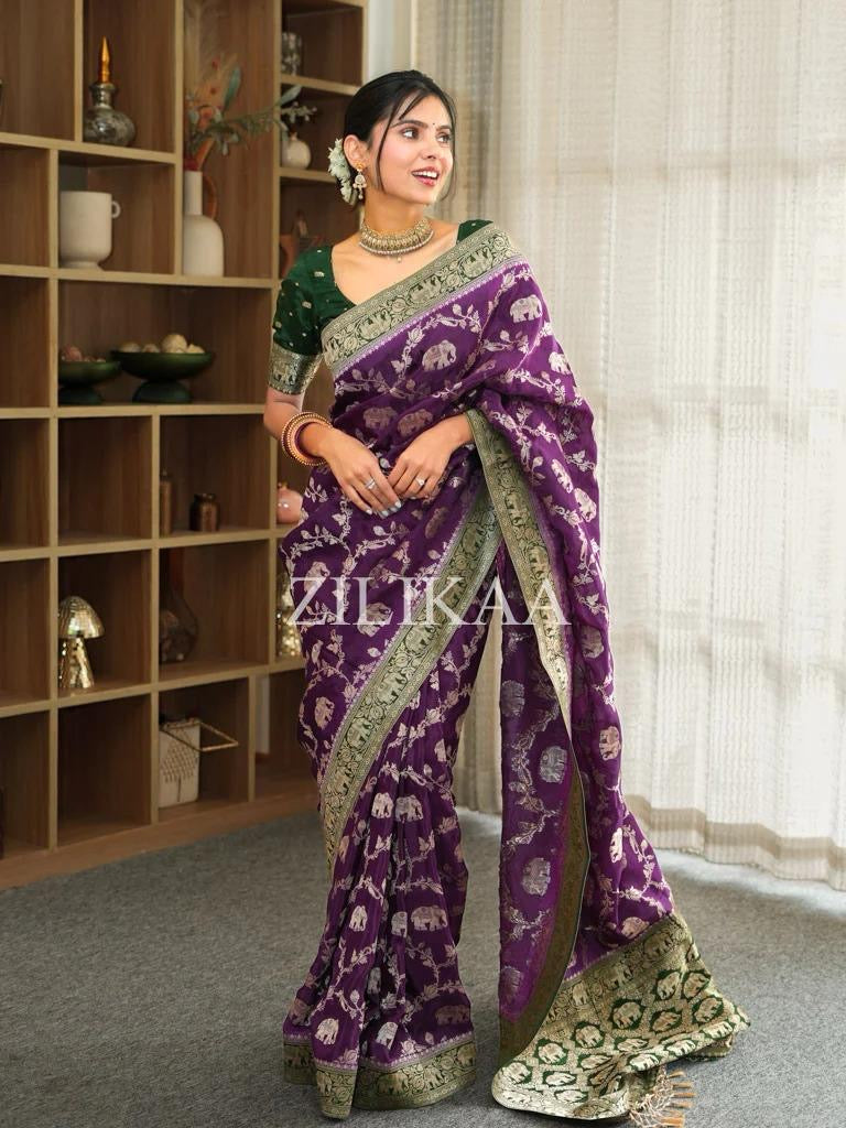Premium Banarasi Soft Silk Saree – Festive Elephant Zari Design