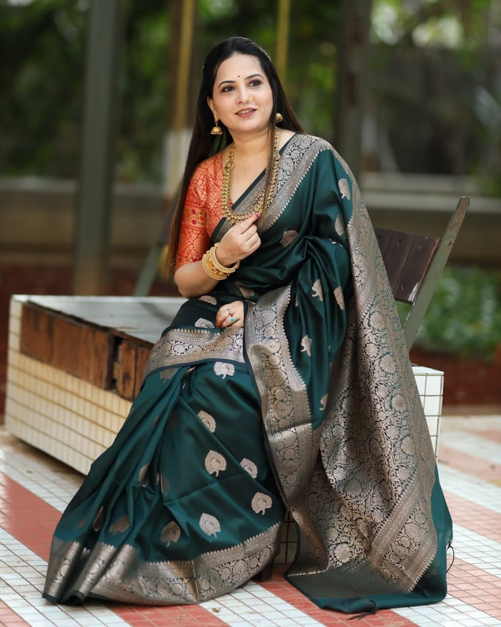 Royal Banarasi Soft Silk | Bottle Green with Silver Zari