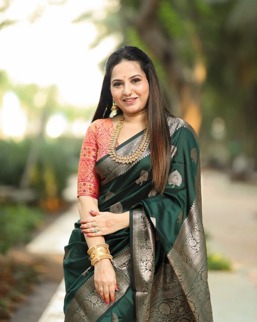 Royal Banarasi Soft Silk | Bottle Green with Silver Zari