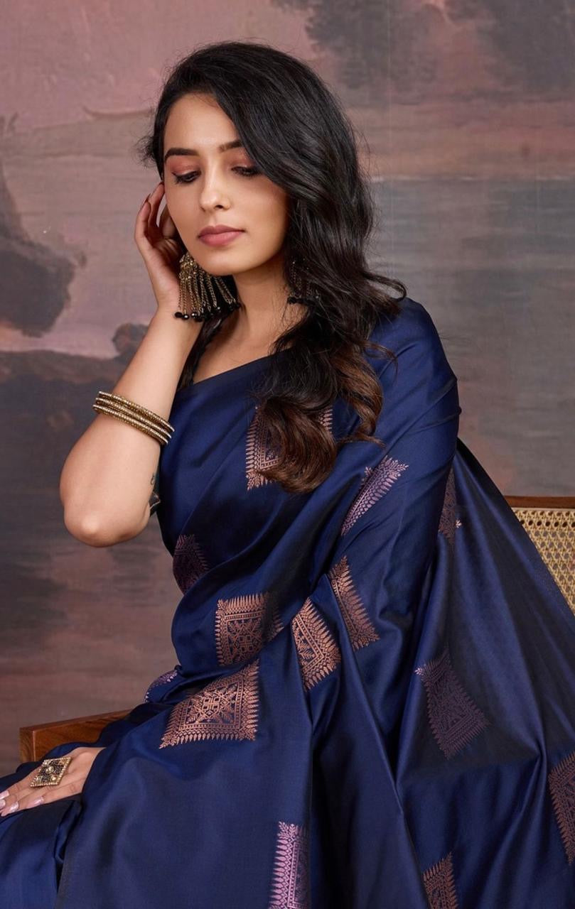 Midnight Blue Banarasi Soft Silk Saree with Copper-Pink Zari Accents