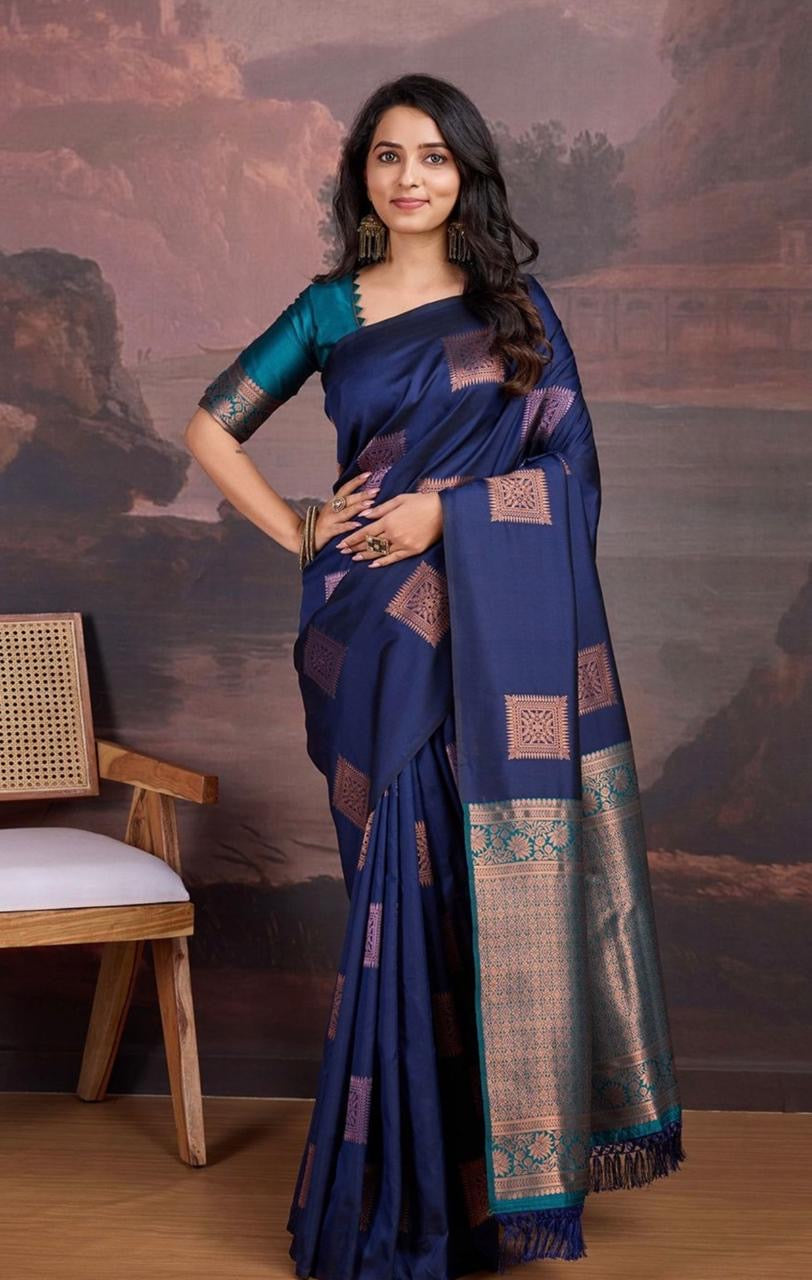 Midnight Blue Banarasi Soft Silk Saree with Copper-Pink Zari Accents