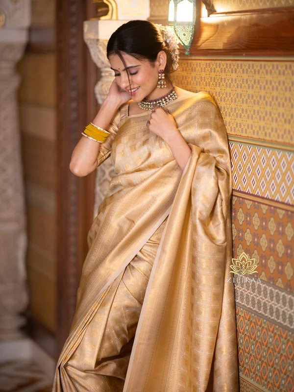 Radiant Gold Banarasi Soft Silk Saree with Pure Zari Weaving