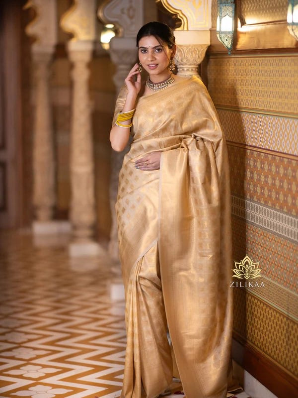 Radiant Gold Banarasi Soft Silk Saree with Pure Zari Weaving