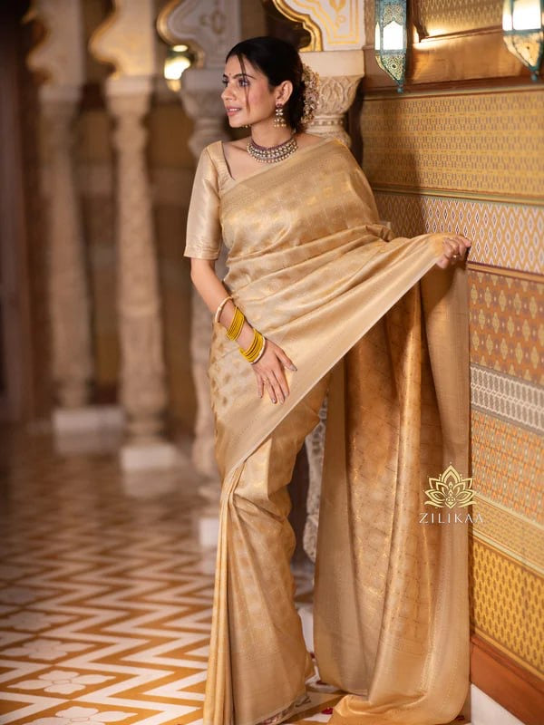 Radiant Gold Banarasi Soft Silk Saree with Pure Zari Weaving
