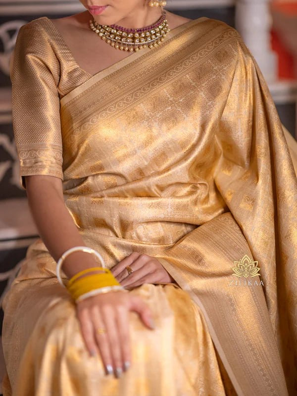 Radiant Gold Banarasi Soft Silk Saree with Pure Zari Weaving