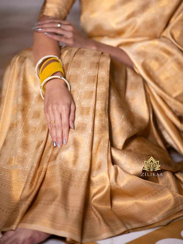 Radiant Gold Banarasi Soft Silk Saree with Pure Zari Weaving