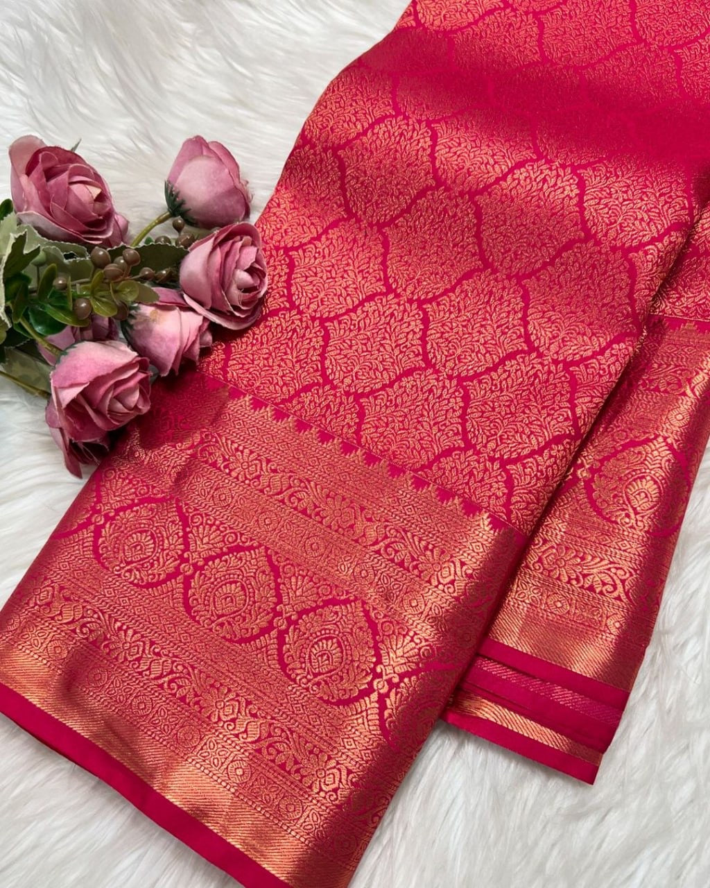 Royal Red Banarasi Soft Silk Saree with Intricate Gold Zari