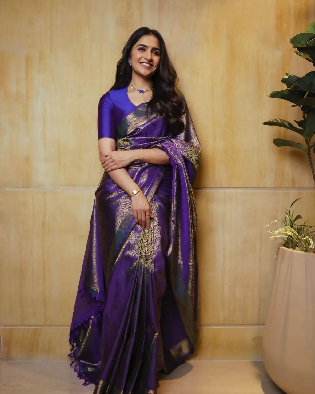Majestic Purple Banarasi Soft Silk Saree with Elegant Gold Zari