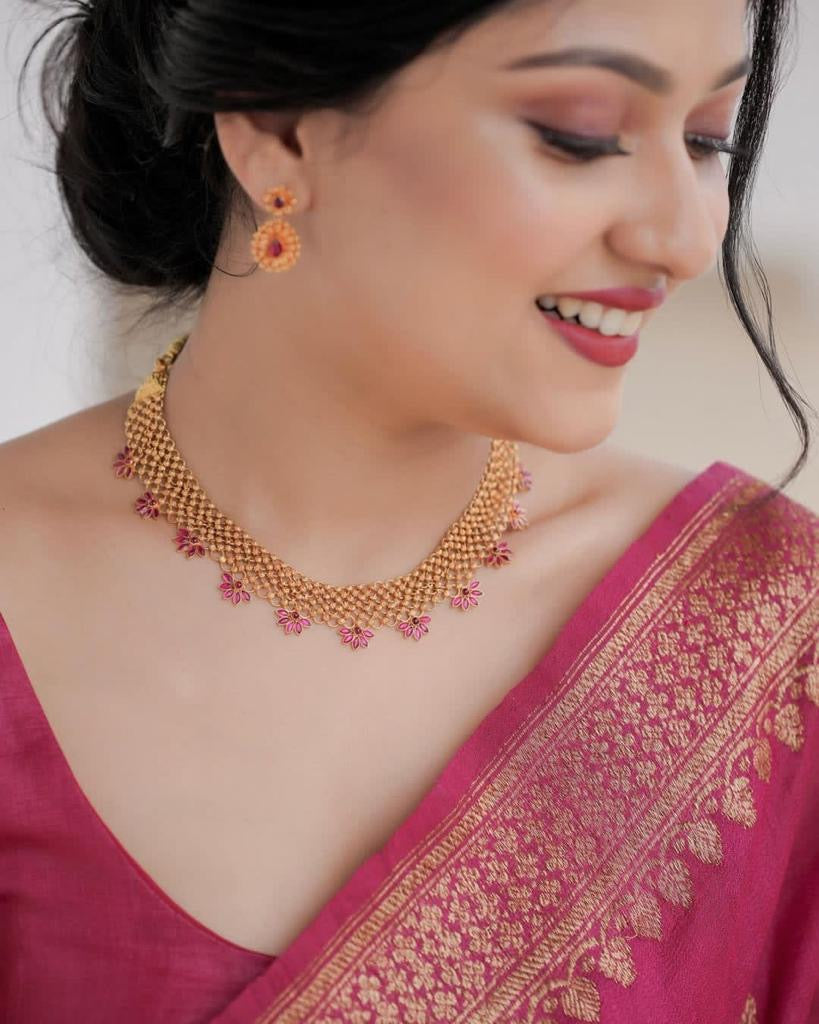 Elegant Rani Pink Banarasi Silk Saree with Antique Gold Zari Work