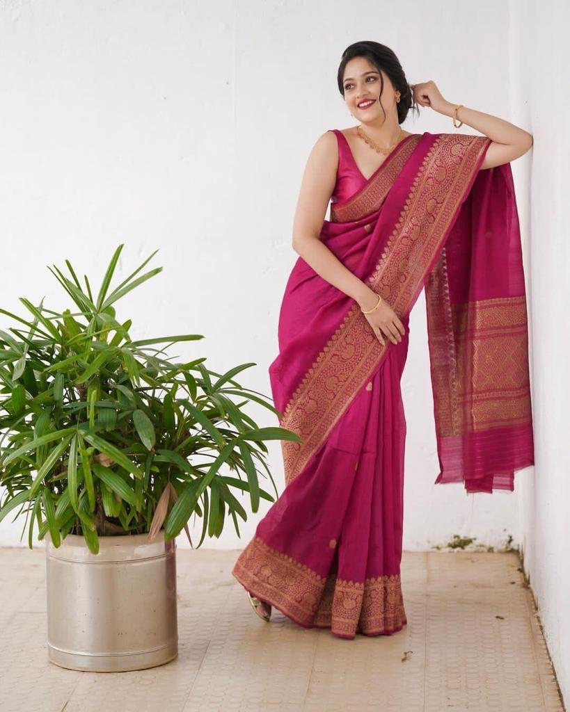 Elegant Rani Pink Banarasi Silk Saree with Antique Gold Zari Work