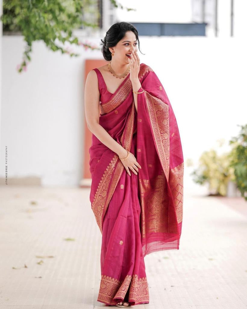 Elegant Rani Pink Banarasi Silk Saree with Antique Gold Zari Work