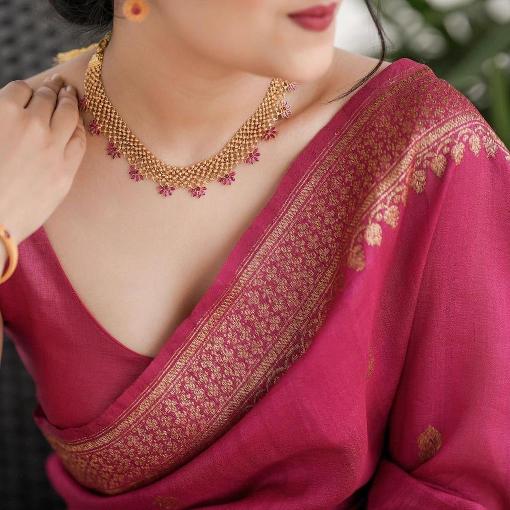Elegant Rani Pink Banarasi Silk Saree with Antique Gold Zari Work