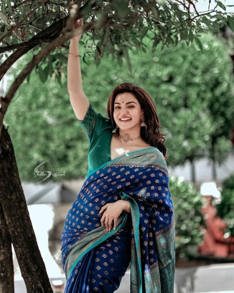 Royal Blue Banarasi Silk Saree with Peacock Green Border and Gold Zari Buttas