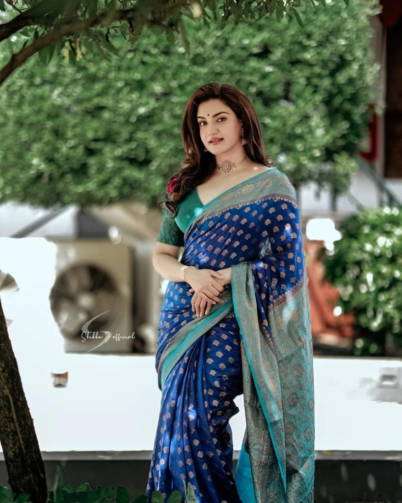 Royal Blue Banarasi Silk Saree with Peacock Green Border and Gold Zari Buttas