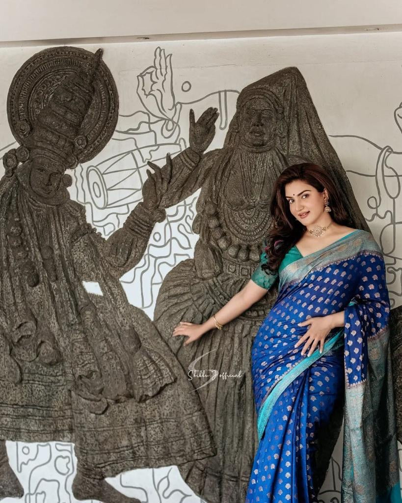 Royal Blue Banarasi Silk Saree with Peacock Green Border and Gold Zari Buttas