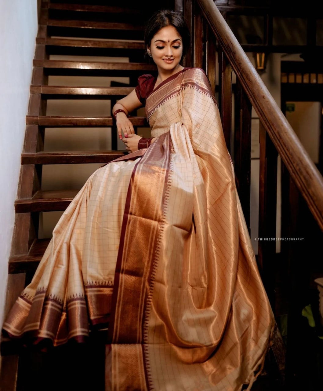 Elegant Cream & Copper Kanjivaram Silk Saree with Rich Zari Border