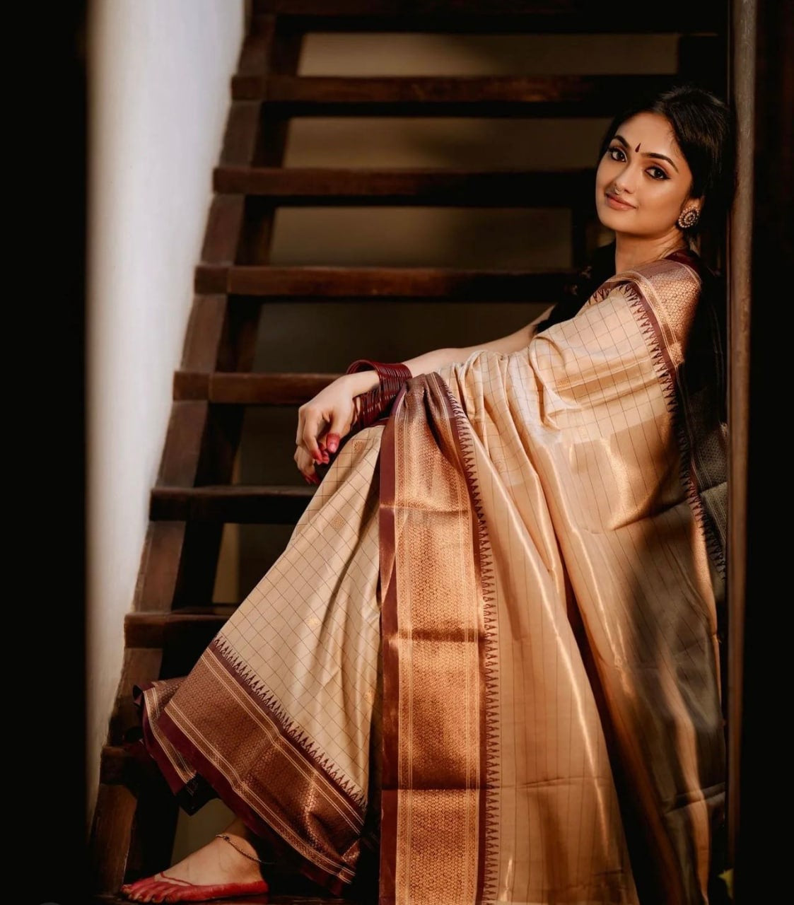 Elegant Cream & Copper Kanjivaram Silk Saree with Rich Zari Border
