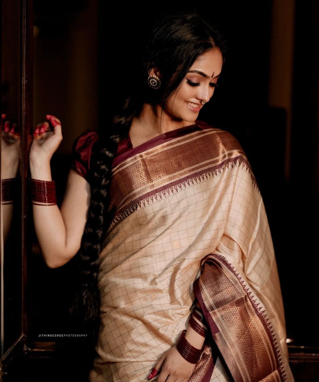 Elegant Cream & Copper Kanjivaram Silk Saree with Rich Zari Border