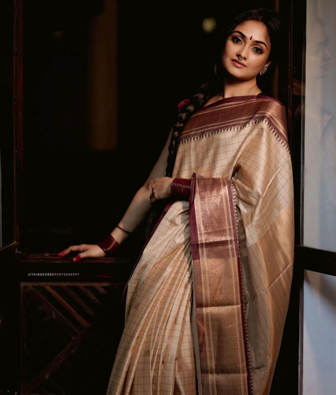 Elegant Cream & Copper Kanjivaram Silk Saree with Rich Zari Border