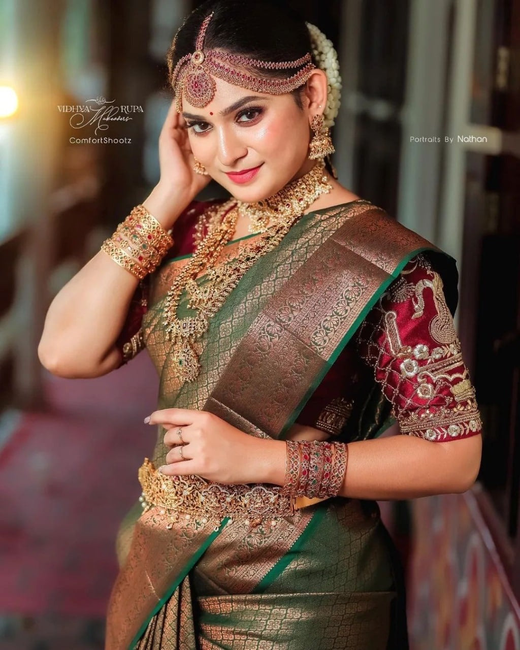 Emerald Green Kanjivaram Silk Saree with Antique Gold Zari Work