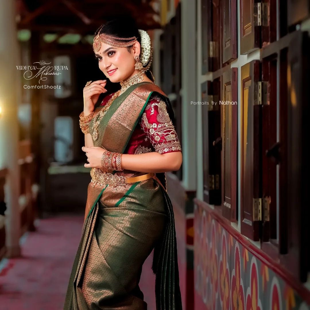 Emerald Green Kanjivaram Silk Saree with Antique Gold Zari Work