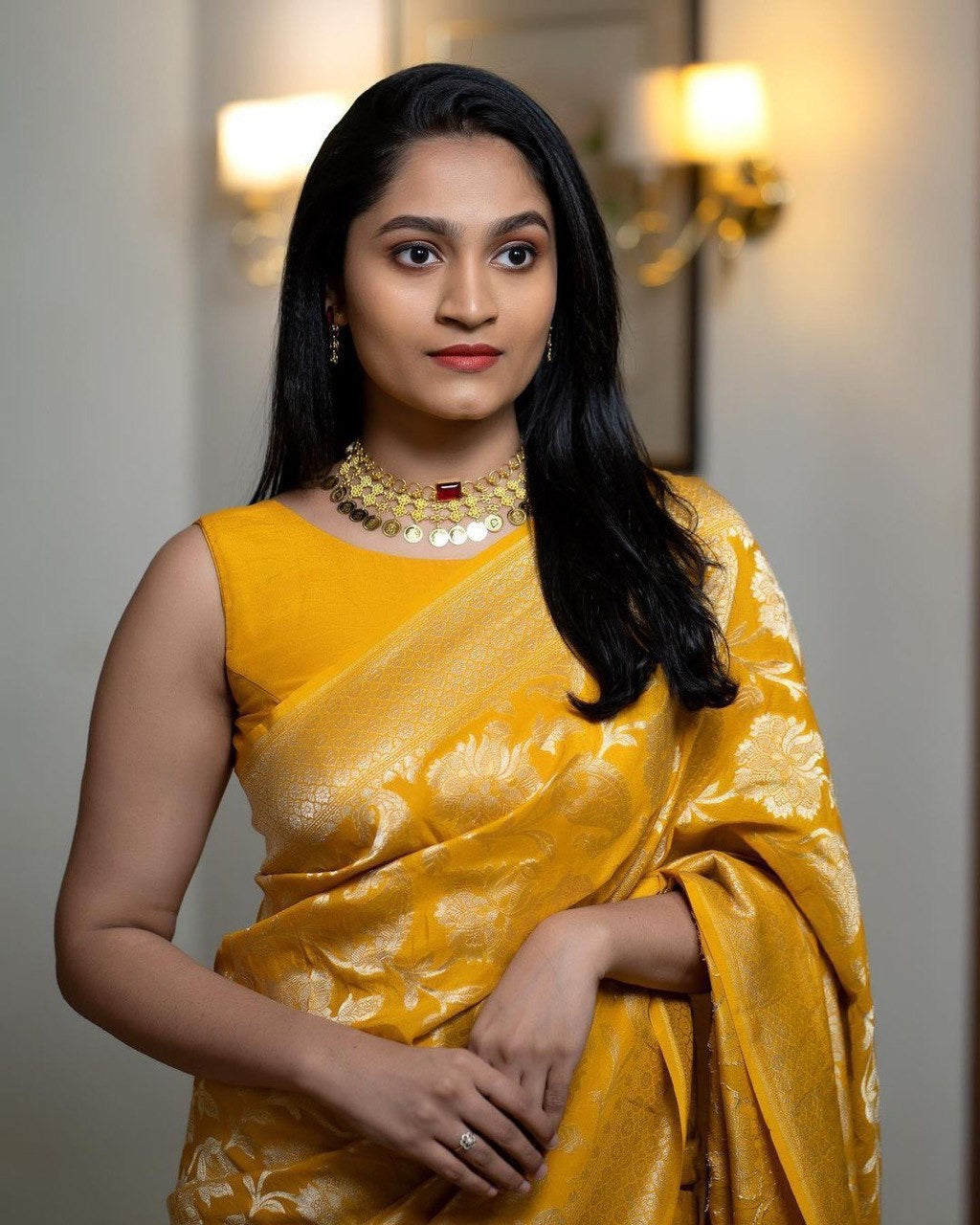 Sunshine Yellow Banarasi Silk Saree with Gold Floral Zari Weaving