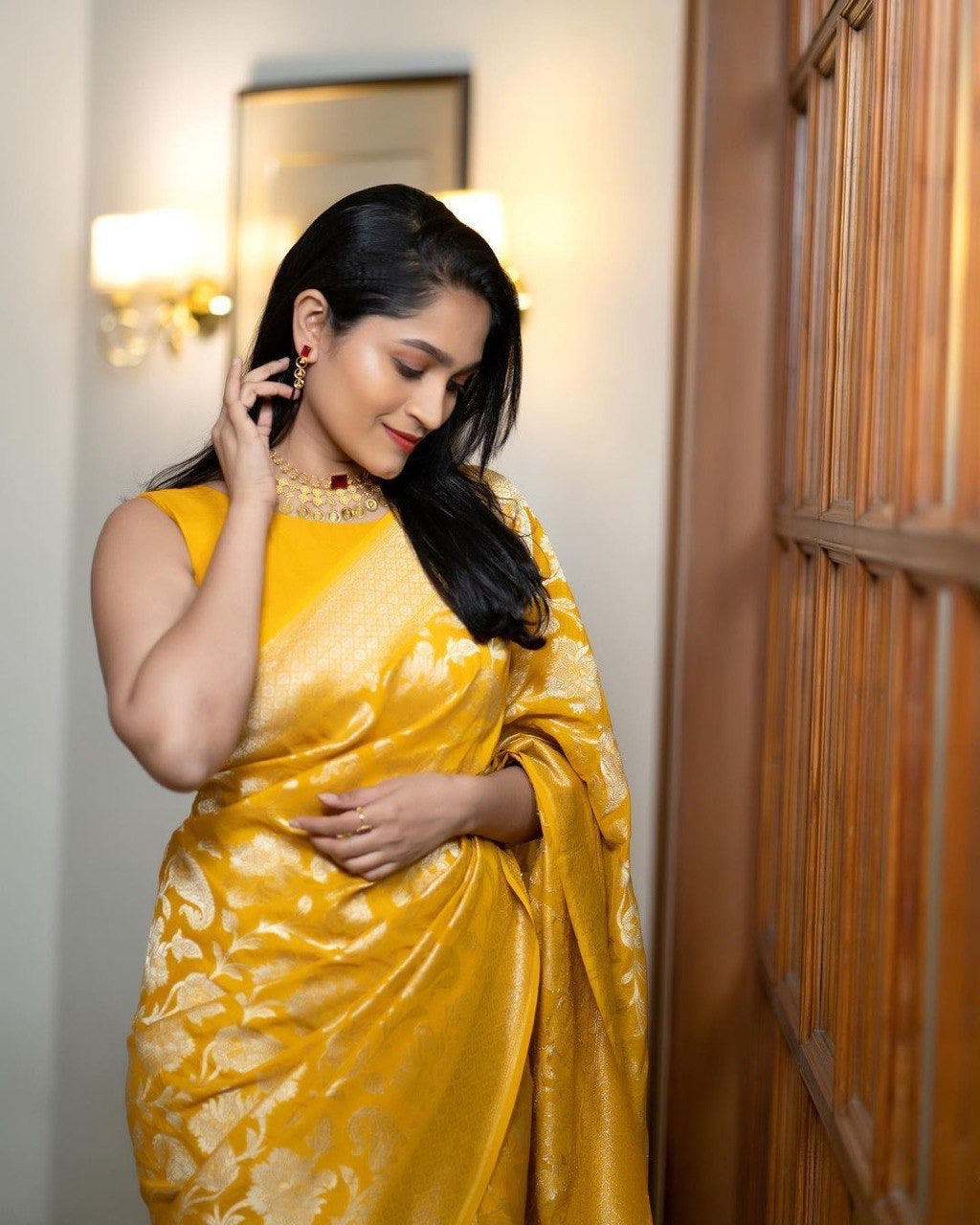 Sunshine Yellow Banarasi Silk Saree with Gold Floral Zari Weaving