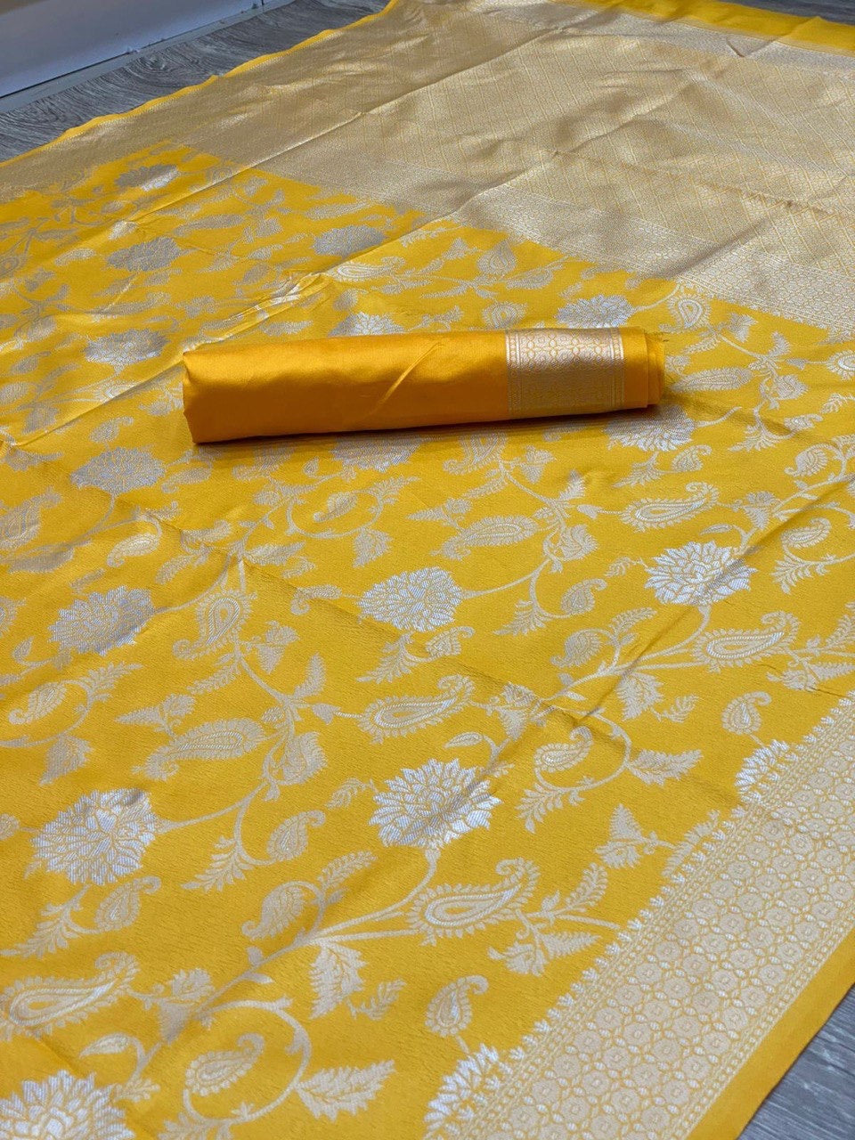 Sunshine Yellow Banarasi Silk Saree with Gold Floral Zari Weaving