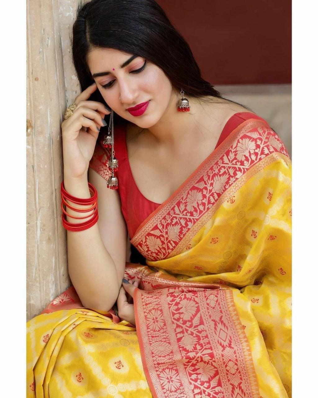 Mustard Yellow Patola Silk Saree with Contrast Coral Red Zari Border