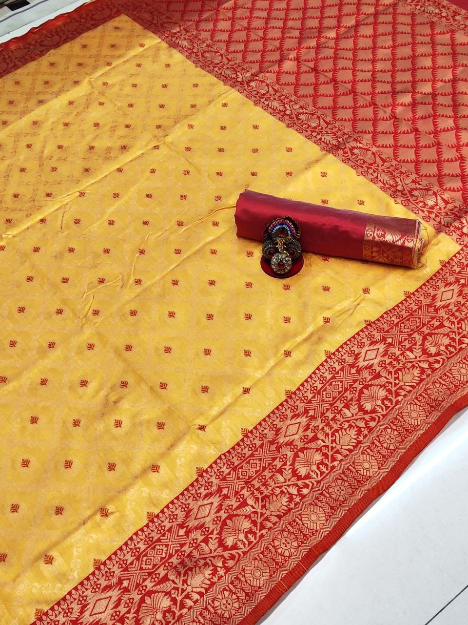 Mustard Yellow Patola Silk Saree with Contrast Coral Red Zari Border