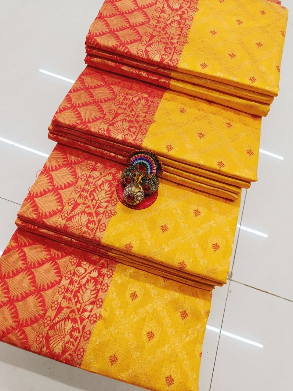Mustard Yellow Patola Silk Saree with Contrast Coral Red Zari Border