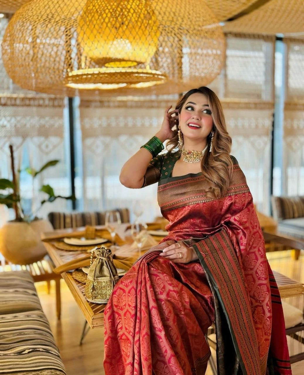 Majestic Maroon Banarasi Silk Saree with Intricate Zari Weave and Green Border