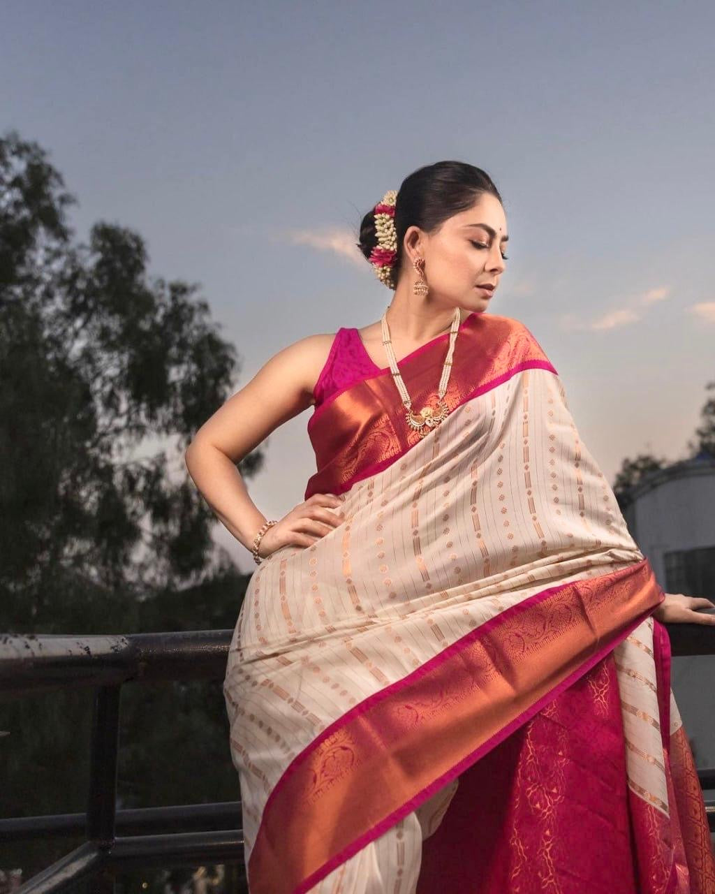 Royal Cream & Maroon Kanjivaram Silk Saree with Golden Zari