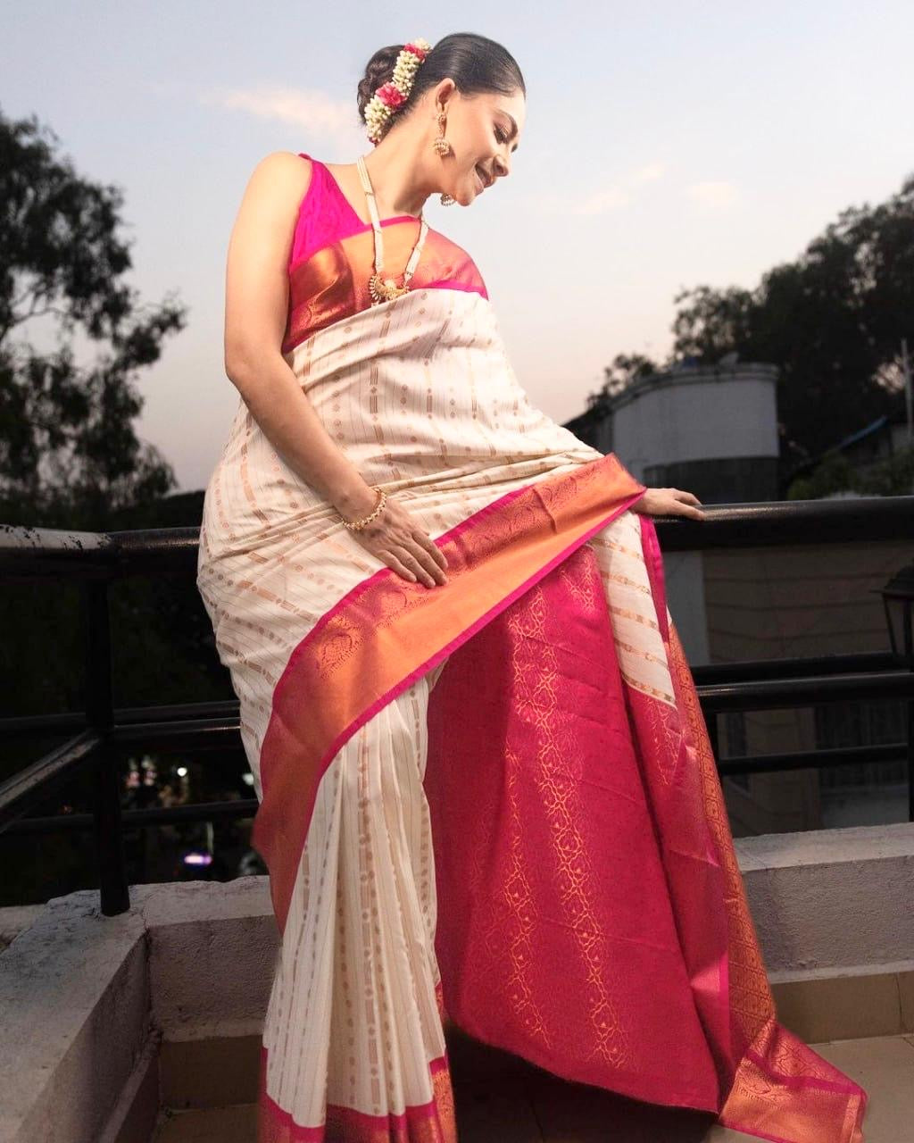 Royal Cream & Maroon Kanjivaram Silk Saree with Golden Zari