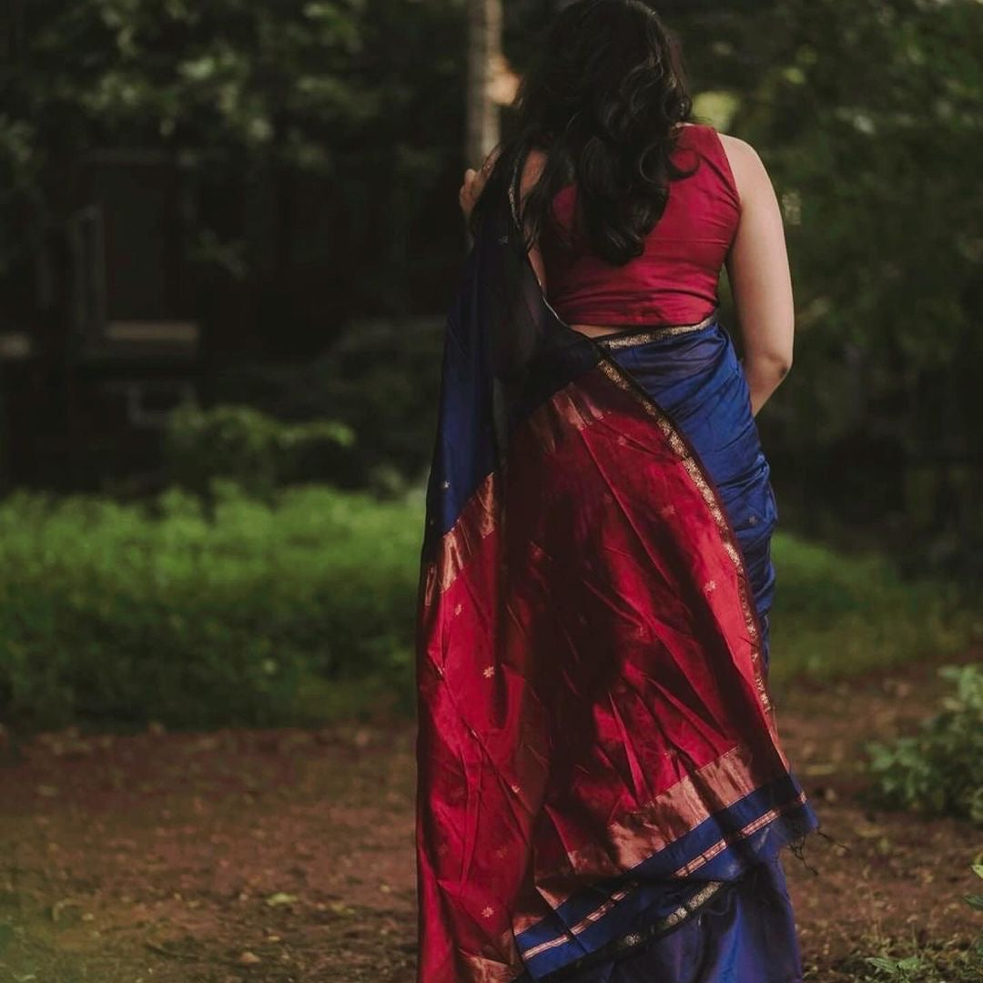 Elegant Navy Blue & Red Silk Saree with Golden Zari Border