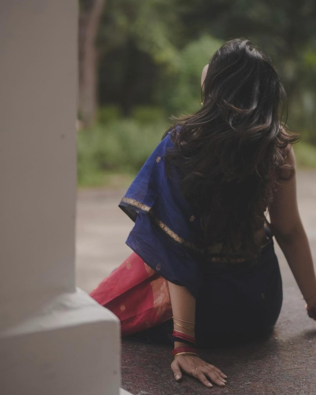 Elegant Navy Blue & Red Silk Saree with Golden Zari Border