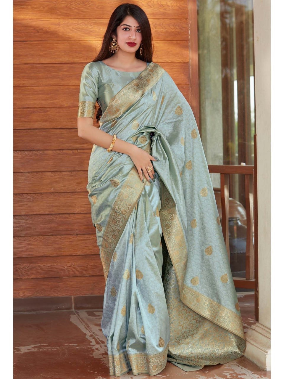 Sea Green Banarasi Silk Saree with Golden Zari Work