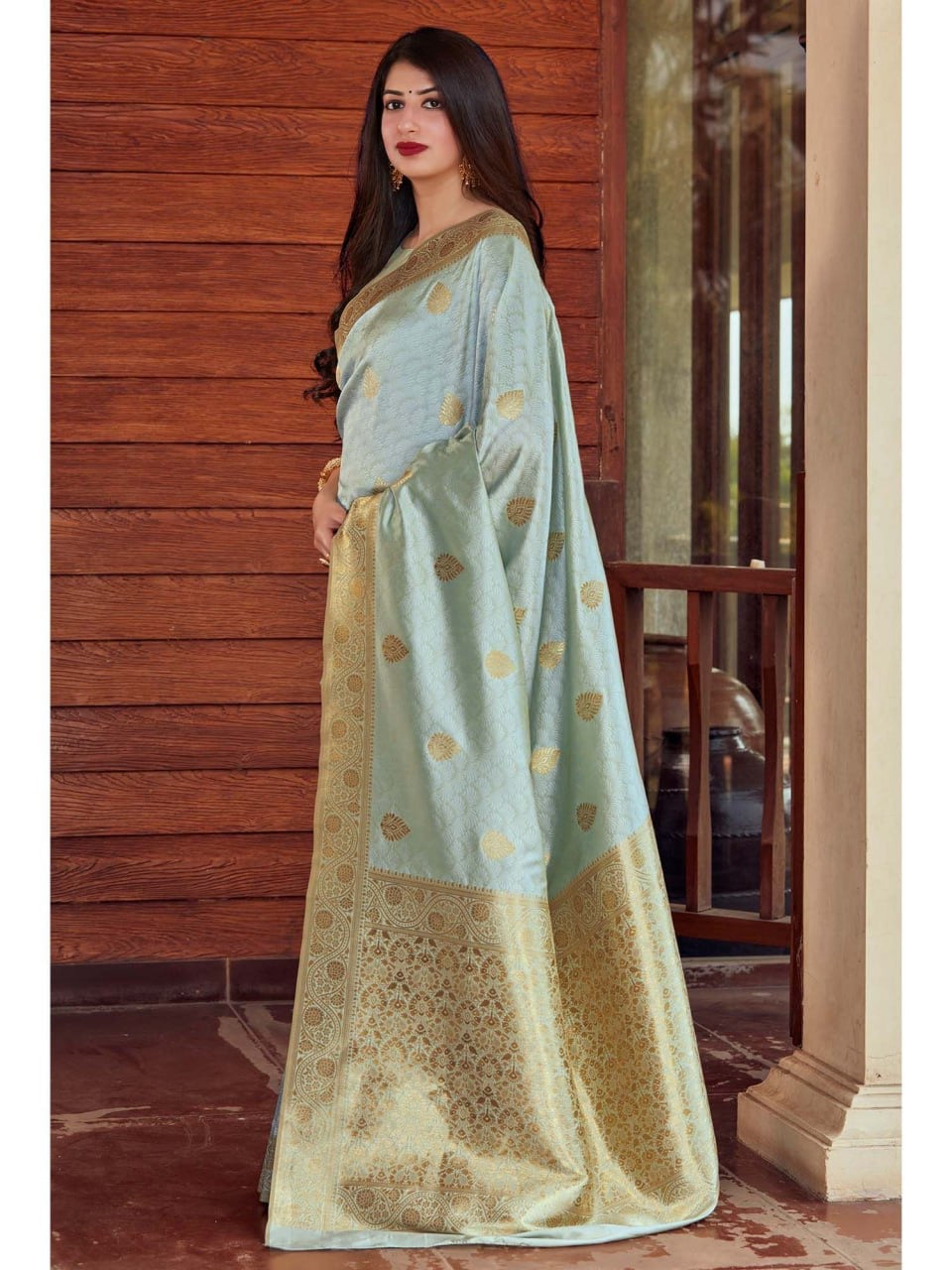 Sea Green Banarasi Silk Saree with Golden Zari Work