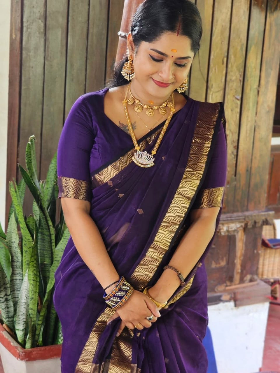 Royal Purple Kanchipuram Silk Saree with Golden Zari Border