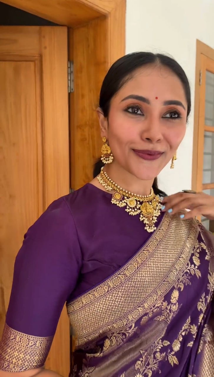 Regal Purple Banarasi Silk Saree with Golden Floral Zari Work