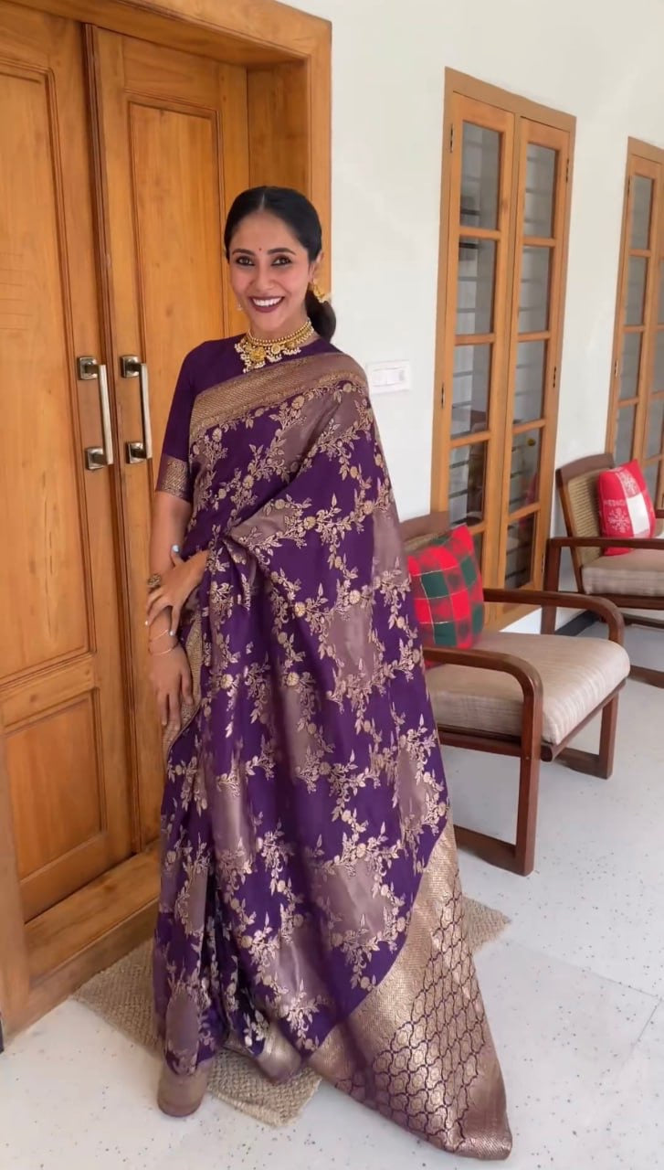 Regal Purple Banarasi Silk Saree with Golden Floral Zari Work