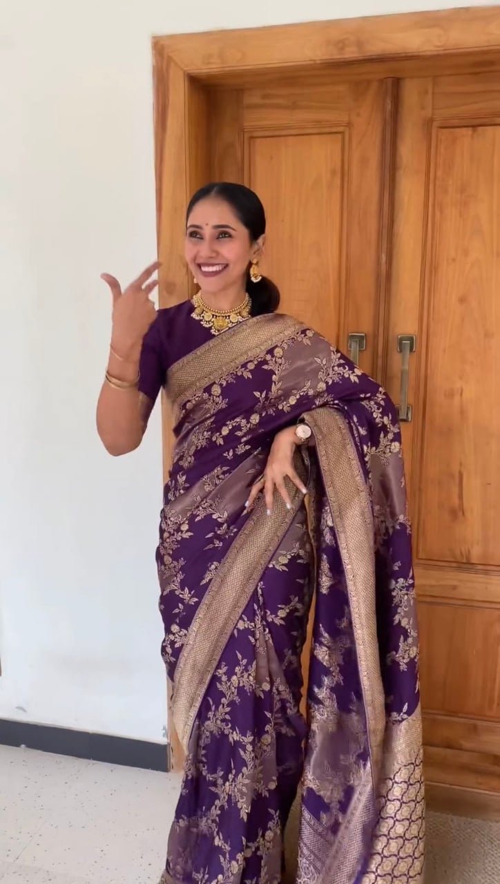 Regal Purple Banarasi Silk Saree with Golden Floral Zari Work
