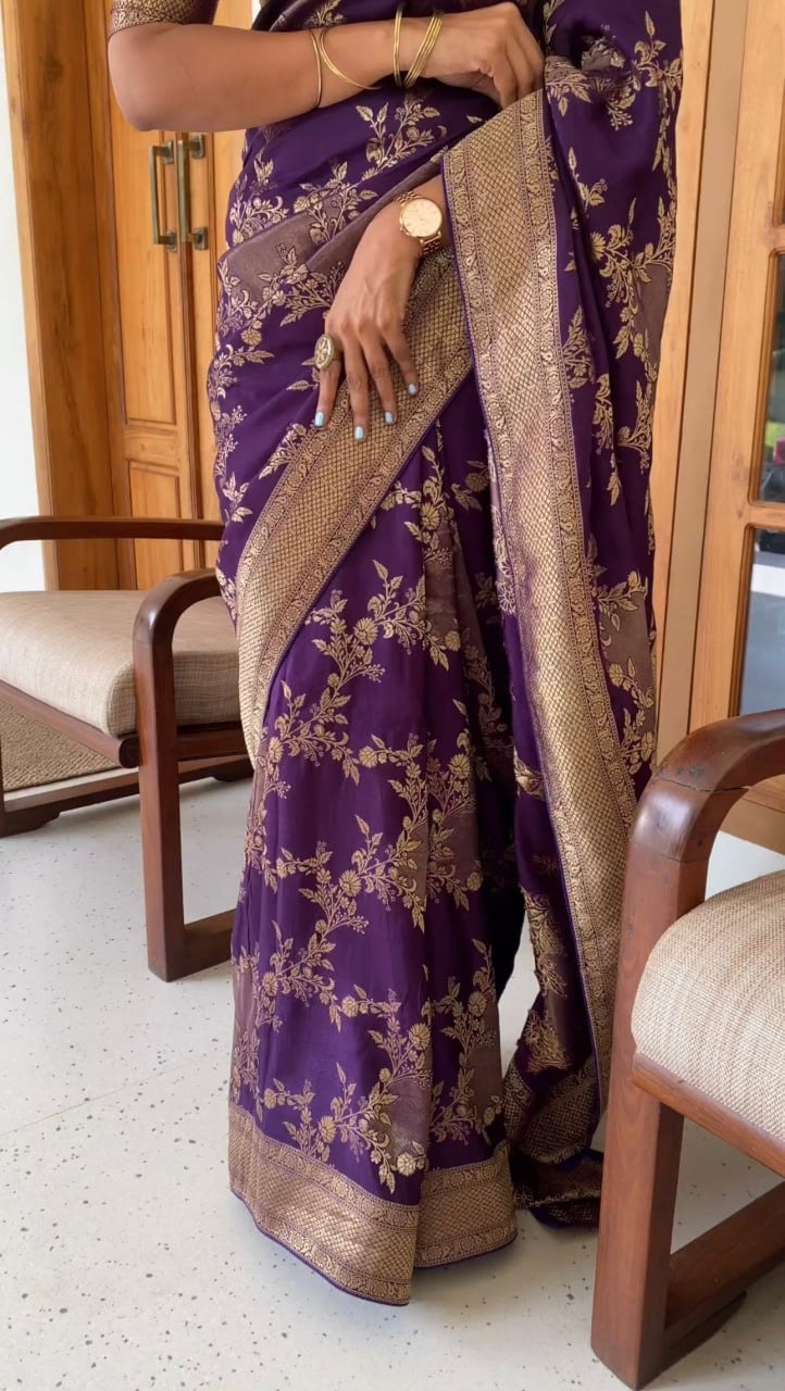 Regal Purple Banarasi Silk Saree with Golden Floral Zari Work