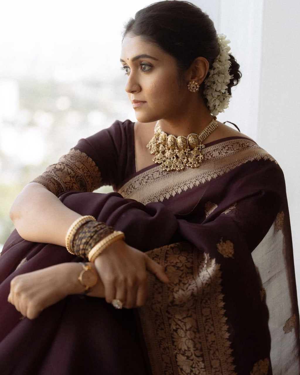 Wine Maroon Banarasi Silk Saree with Antique Golden Zari Work