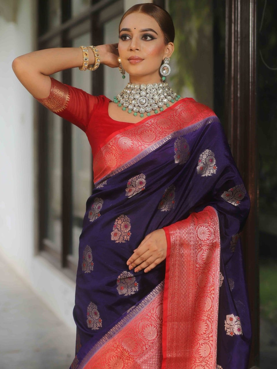 Royal Navy Blue Banarasi Silk Saree with Red Zari Border – Traditional Bridal Wear