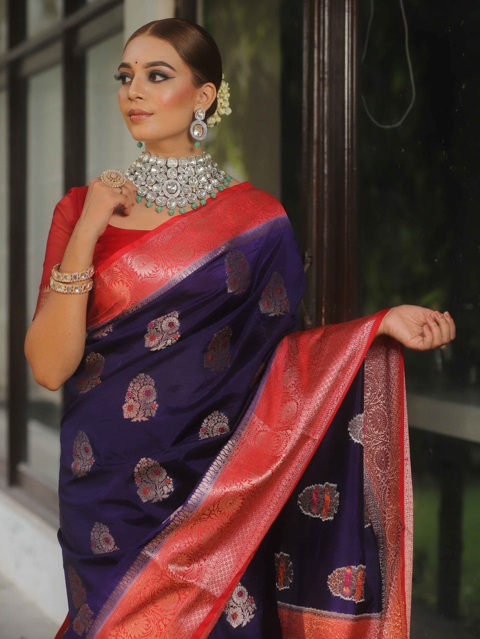 Royal Navy Blue Banarasi Silk Saree with Red Zari Border – Traditional Bridal Wear