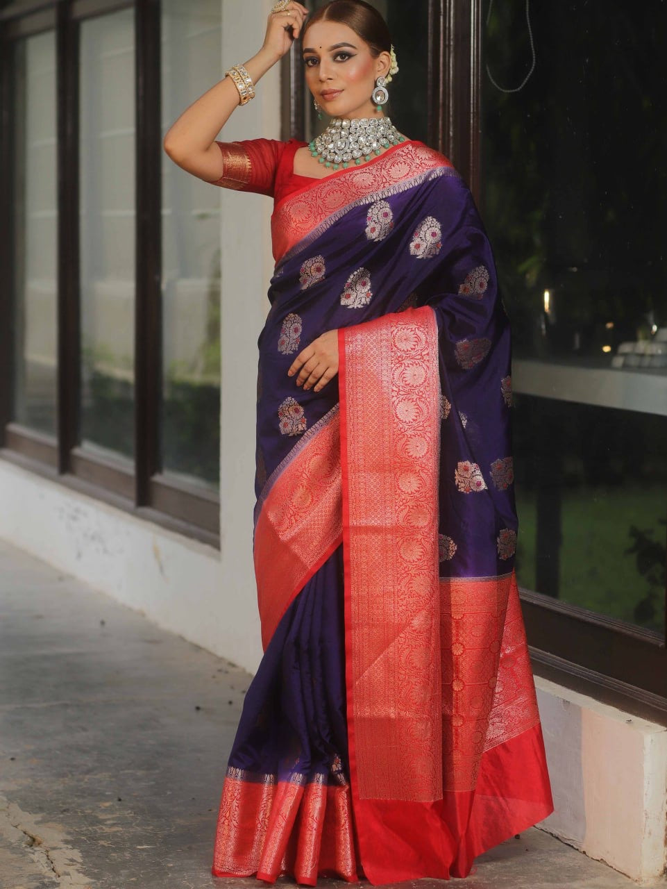 Royal Navy Blue Banarasi Silk Saree with Red Zari Border – Traditional Bridal Wear