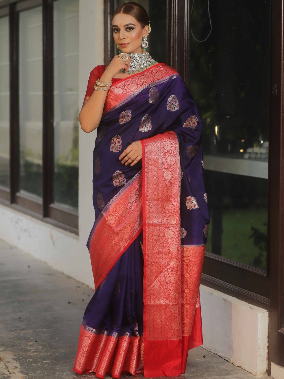 Royal Navy Blue Banarasi Silk Saree with Red Zari Border – Traditional Bridal Wear