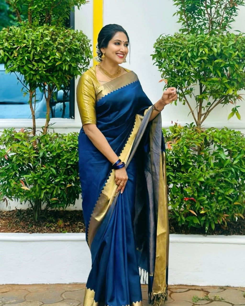 Royal Blue Silk Saree with Antique Gold Zigzag Zari Border & Contrast Blouse Sleeve