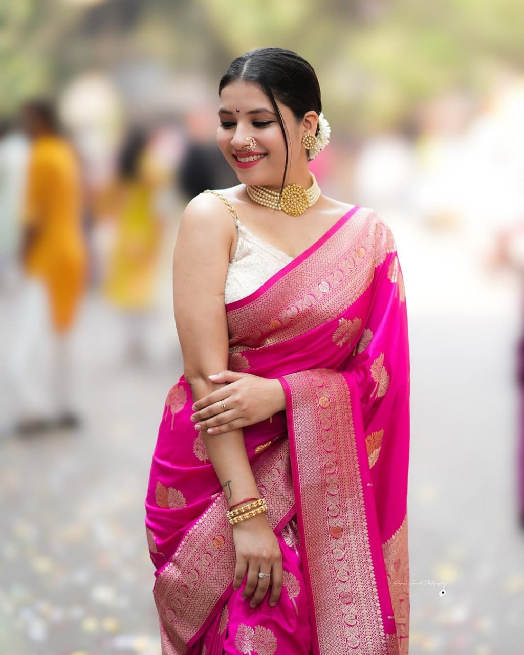 Hot Pink Banarasi Silk Saree with Gold Zari Leaf Motifs & Rich Border